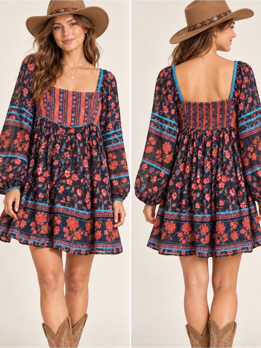 Free People Boho Floral Romantic Square-Neck Relaxed Flowy Mini Dress Medium